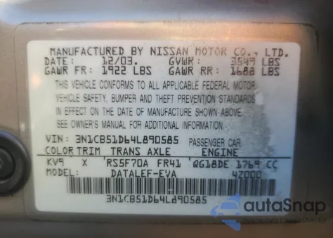 2004 Nissan Sentra 1.8 z USA, uszkodzony, nr VIN 3N1CB51D64L890585